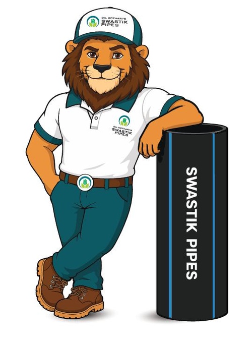 Swastik Pipes mascot standing beside an HDPE pipe